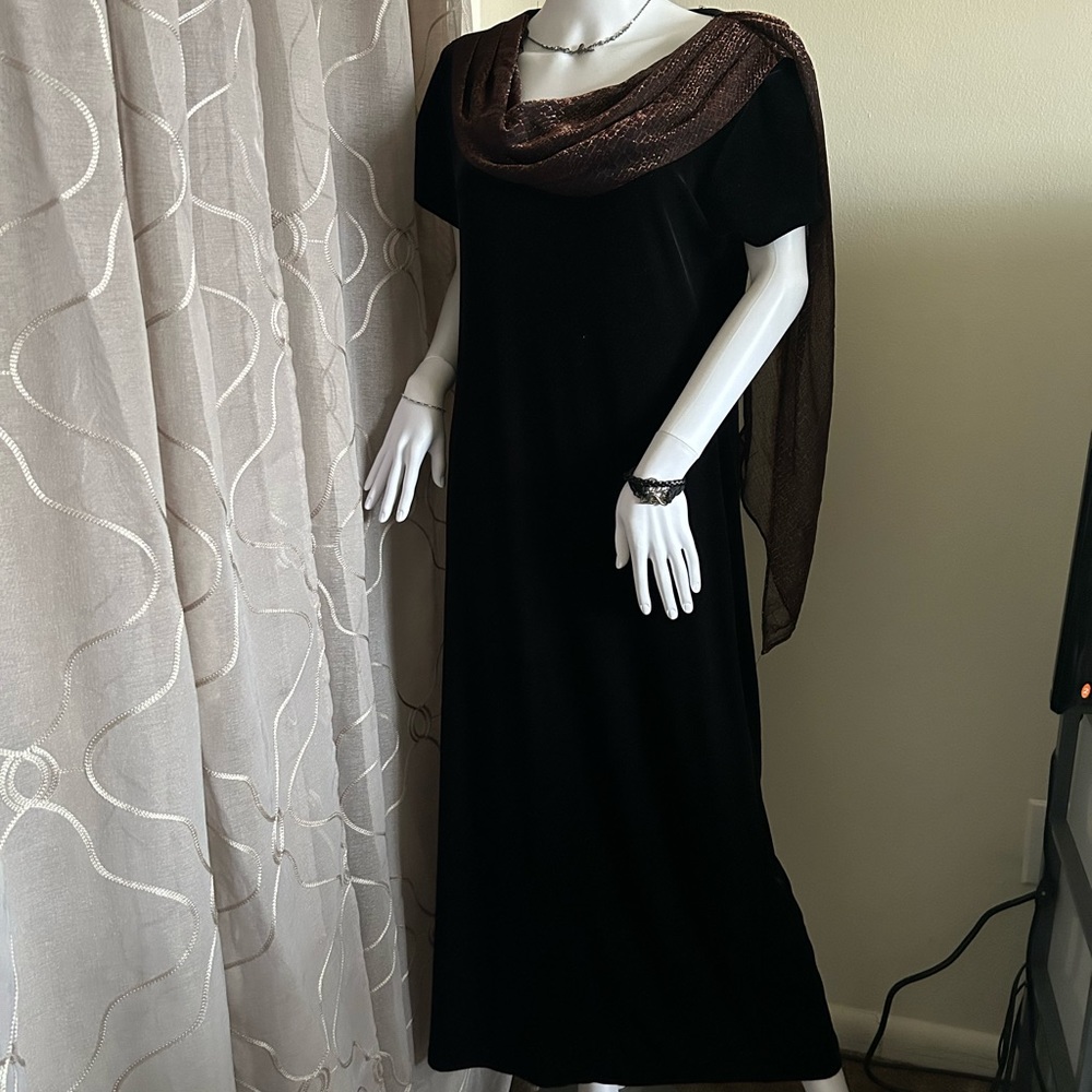 Sheri Martin black evening dress with attached shawl. Size 16